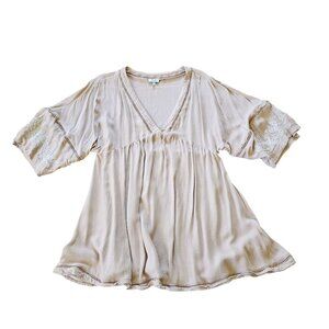 TOBI Beige Women's Boho V Neck Tunic Top Embroidery Lace edging size M